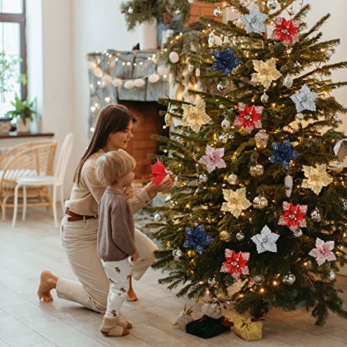 Pretty Jolly 11 inch Large Christmas Glitter Poinsettia Flowers Artificial Gold Flowers Artificial for Decoration Xmas Flowers Christmas Tree Decoration New Year Ornaments Navy 6pcs