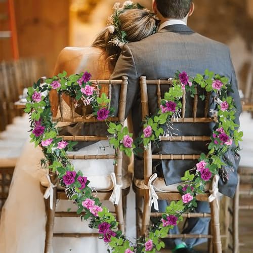 2 Pcs Artificial Rose Garland Spring Flowers Vines Hanging Outdoors Silk Rose Vine 15.8ft Silk Flowers Rose Ivy Vines Flower Garland for Backdrop Bedroom Wedding Arch Decor Wall Party Home Pink - color: Fuchsia
