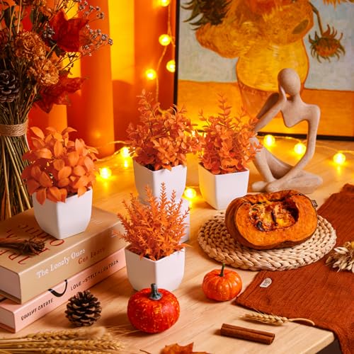 Der Rose 4 Pack Fall Fake Plants Mini Artificial Greenery Potted Plants Fall Decorations for Home Decor Indoor Office Table Room Farmhouse Bathroom Fall Decor - color: Orange