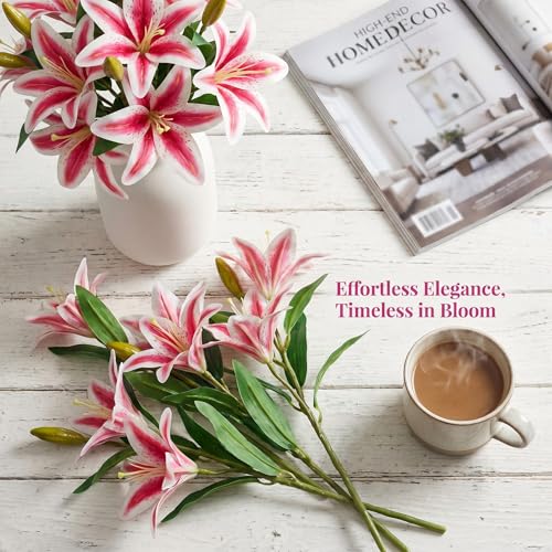 ATFL Artificial Lilies Flowers,9 Pcs Faux Lily Flowers,16''Tiger Lily Branches with 2 Full Blooms and 1 Bud,Faux Fake Lilies Plants for Wedding Bouquet Floral Arrangements (9, Pink) - color: Pink