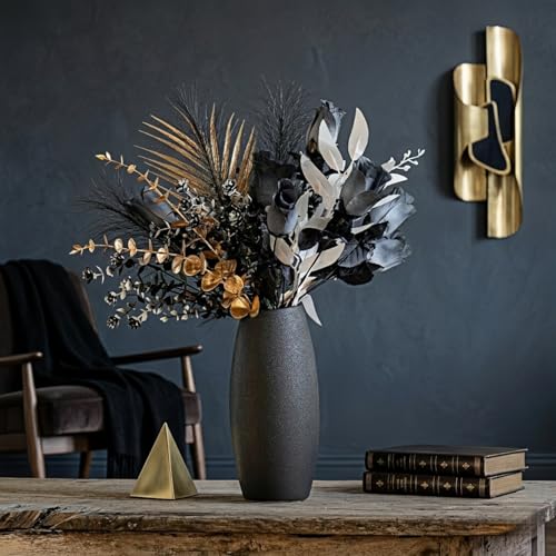 Luxurious Black and Gold Artificial Rose Bouquet, 17-Inch Metallic Eucalyptus Leaves and Faux Silk Flowers, Suitable for DIY Home Decoration, Modern Gothic Dining Table Centerpiece(Vase Not Included) - color: Gothic Black Gold - 2