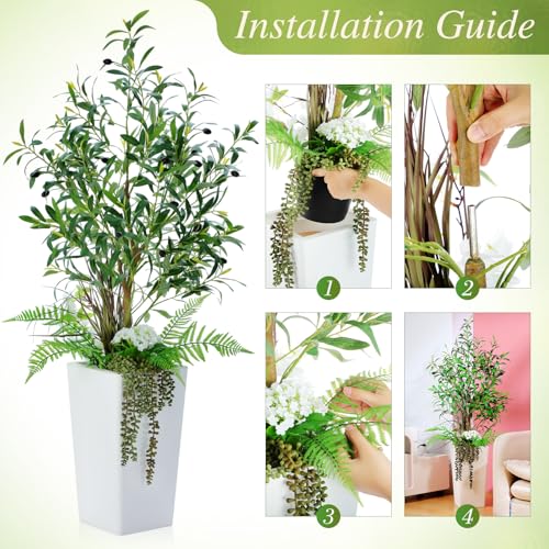 Giegxin 2 Pcs Artificial Olive Tree Combo 4ft Tall Faux Olive Trees with Tapered Planter & 5 Decorative Plants, UV Resistant Fake Floor Potted Plants for Indoor Outdoor Porch Home Office Decor (White)