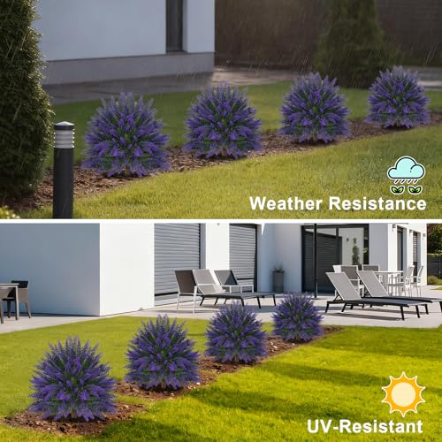 Artificial Lavender Topiary for Outdoors 2 Set of 16'' UV Resistant Evergreen Fake Shrubs Bushes with Ground Spike Topiary Ball Faux Plants for Outdoor Indoor Front Porch Garden - color: Lavender