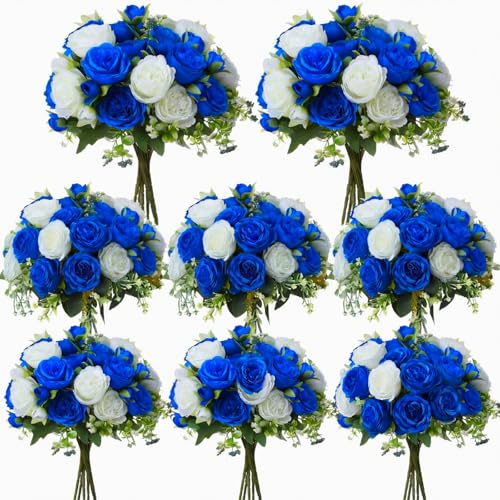 Geosar 8 Bundles Artificial Peonies Flowers Fake Silk Peony Bouquet Faux Peonies Flowers Bulk for Decoration Vase Floral Arrangements Wedding Party Table (Royal Blue,White) - color: Royal Blue, White