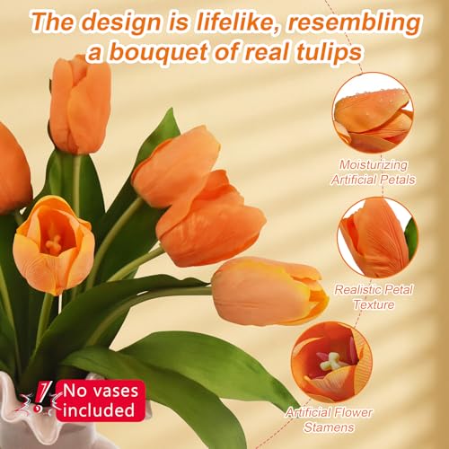 10 Stems Artificial Tulips Bouquet 14" Fake Tulips Flowers Realistic Faux Flowers for Wedding Home Party Decor Spring Decor Valentine's Day and Easter Decorations(Orange) - color: Orange