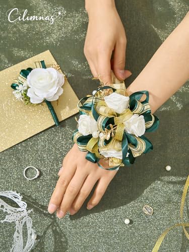 Prom Corsage and Boutonniere Set, Artificial Silk Ivory Rose Wrist Corsage with Dark Green Ribbon for Homecoming, Formal Dance Party, Wedding, Graduation, Anniversary - color: A-green&white