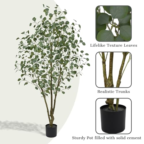 Artificial Eucalyptus Tree 6FT - Large Faux Plants Indoor Tree with 640 Leaves and Realistic Trunks, 72" Tall Fake Tropical Plant in Pot Artificial Floor Plant for Home Living Room Porch Office Decor - size: 6ft