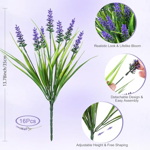 AmyHomie Artificial Plants & Flowers for Outdoors – 16 Bundles Fake Lavender Flowers & Monkey Grass, UV Resistant Faux Greenery for Patio, Porch, Planter, Garden and Window Decor - color: Lavender Purple, size: 16