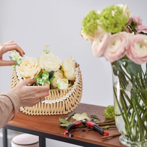 Taiyin 4 Pcs Rattan Flower Girl Basket with Pearl Handle 7 x 5 x 4 Inches Small Half Moon Wicker Basket for Wedding Flower Girl Picnic Garden Storage and Home Decor (Light Brown) - color: Light Brown
