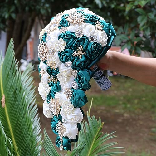 Luxury Cascade Bridal Wedding Bouquet Satin Rose Waterfall Holding Bouquet Artificial Flower Bunch for Bride Bridesmaid(Dark Green & Ivory, 15" x 7.5") - color: Dark Green & Ivory, size: 15"L x 7.5"W(38cm x 19cm)