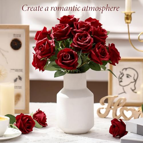 Hotop 20 Pcs Artificial Rose Flowers with Long Stem,Real Lifelike Silk Realistic Plastic Bouquet Roses Bulk for Home Decor Bridal Wedding Party Table Centerpieces Decorations(Wine Red) - color: Wine Red