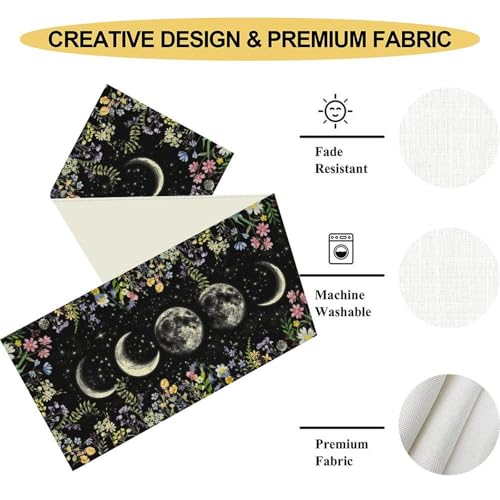 Wild Floral Table Runner, Boho Spring Gothic Moon Phase Wildflower Mystical Witchy Farmhouse Coffee Table Center Decor for Home Kitchen Dining Patio Holiday Party Table Decorations 13x36 inches - color: Tr-moon05, size: 13x36" Table Runner