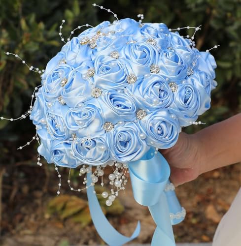 Ujicde Romantic Wedding Bouquet Bridal Bridesmaid Round Bling Brooch Bouquet Throw Toss Artificial Rose Flower Bunch with Sparkle Rhinestone Crystal Decoration(Light Blue,Dia. 6.3"*16cm) - color: Light Blue, size: Dia. 6.3"*16cm