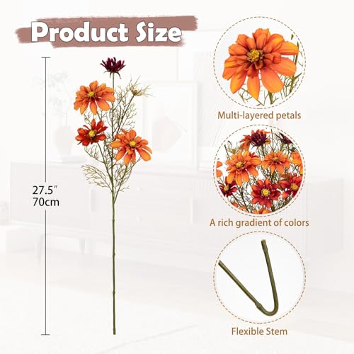 GnFlus Artificial Daisies Orange Flowers Stems 5 Pcs Fake Gerbera Daisies Long Bouquet Faux Florals Gradient 27.5" Boho Decor for Home Table Wedding Centerpieces Thanksgiving - color: Vintage Orange Color