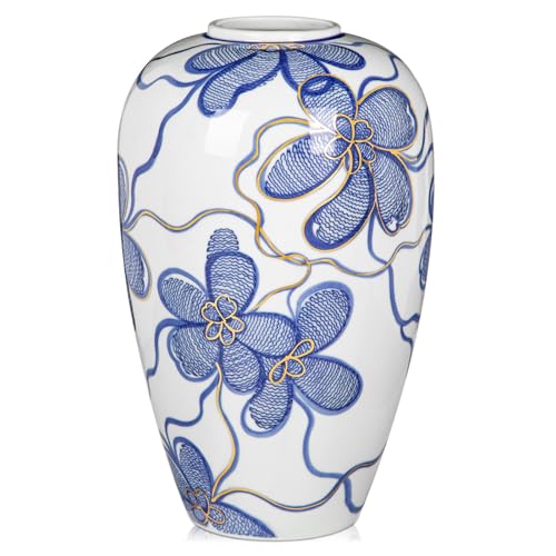Blue and White Ceramic Vase for Home Decor – Hand-Painted Porcelain Flower Vase with Gold Accents – Chinoiserie-Inspired Home Decor Vase – 11" for Table, Shelf, or Mantel - size: 11"
