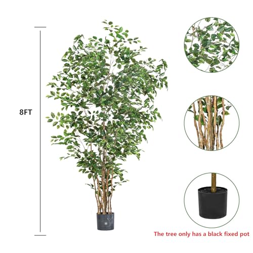 Bailikang Artificial Ficus Tree Indoor 8ft, Large Potted Faux Tree with Realistic Silk Leaves & Trunk for Home Office, Living Room Corner Decor - color: Green, size: 8ft