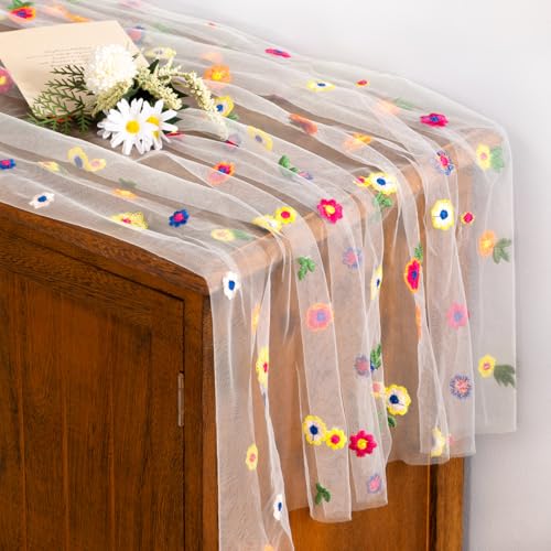 Socomi Flower Table Runner Summer Daisy Floral Tulle Gauze Cheesecloth Embroidery Table Runners for Tea Party Garden Wedding Bridal Baby Shower Birthday Picnic Decor Ivory 1pc - color: Daisy Ivory, size: 10ft X 1pc