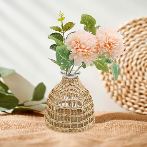 Flower Vases with Rattan Cover, Straw Woven Glass Vase, Rattan Woven Vase Decorative, Glass Flower Vase, Boho Glass Flower Vase, Vase for Home Flower Arrangement Table Decoration, 5.3''X3.5'',D Style - size: 5.3IN