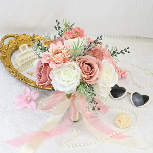 Wedding Bouquets for Bride Bridesmaid 8.5 Inch Dusty Pink Artificial Roses Flowers Bridal Bouquets for Bride Wedding Marriage Proposal Party Church Decoration - color: Pink