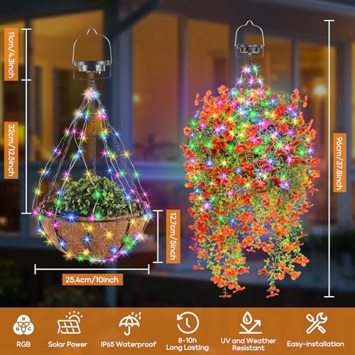 Outdoor Hanging Basket with Artificial Flowers: Fake Plants Basket with Solar String Lights for Garden Enthusiasts - 10 Inches Solar Faux Silk Flower Baskets for Home Porch Wall Patio Tree Decor - size: 10inch, style: Eucalyptus Daisy - Orange