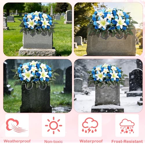 Cemetery Flower Saddle - Grave Flowers for Cemetery,Artificial Rose, Lily & Orchid Arrangement for Headstone - All-Weather Grave Decor for Outdoor Tombstone Headstone Decorations (Blue) - color: Blue