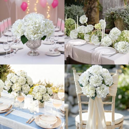 6PCS Realistic Artificial Silk Hydrangea Flowers – Premium Fake Hydrangea Flowers Bouquets with Stems, Full Faux Hydrangea Blooms for Home Wedding Table Party Baby Shower Decorations(White) - color: Cream White