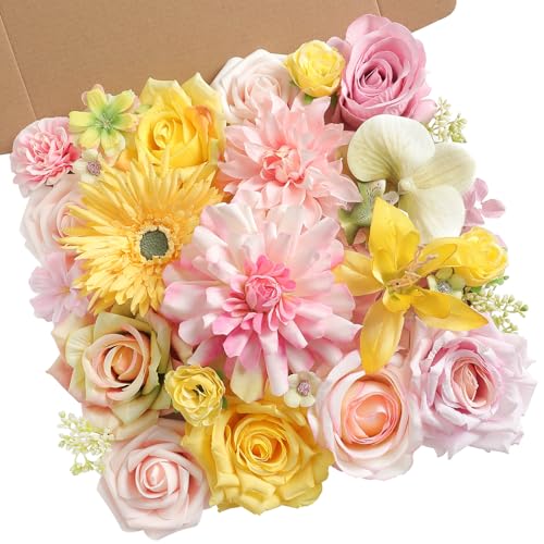rongflower Yellow Pink Artificial Flowers Combo Set Fake Flower Leaf Box with Stemst for DIY Wedding Bridal Bouquet, Centerpieces, Home Decor, Floral Arrangement Decor - color: Yellow Pink