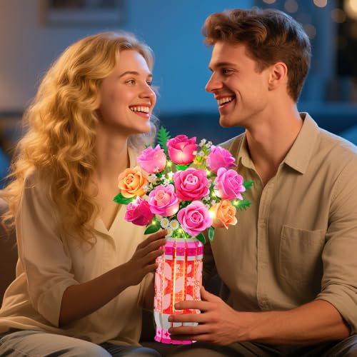 CUBIMANA Pink Rose Bouquet Building Set with Vase & LED Light, 3.6MM Mini Flower Building Kit for Adults, Artificial Floral Decor for Home Office Bedroom, Birthday Day Gifts for Women Mom Wife