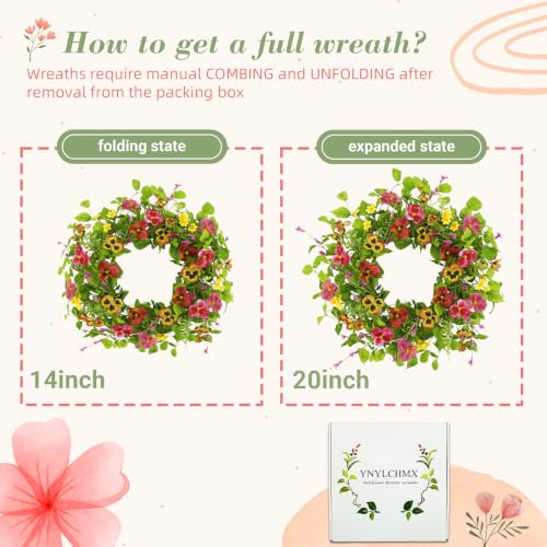 YNYLCHMX 20" Spring Summer Wreaths for Front Door, Artificial Floral Wreath with Ivy Leaves Daisies Pansies Rose Leaves, Green Foliage Wreath for Wall Window Farmhouse Party Holiday Home Decor - color: Daisy&pansy