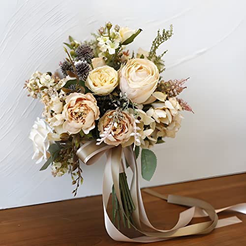 Artificial Wedding Bouquet for Brides Bridesmaid Holding Flower with Greenery Artificial Fabric Rose Wedding Flower Bridal Toss (Champagne) - color: Champagne