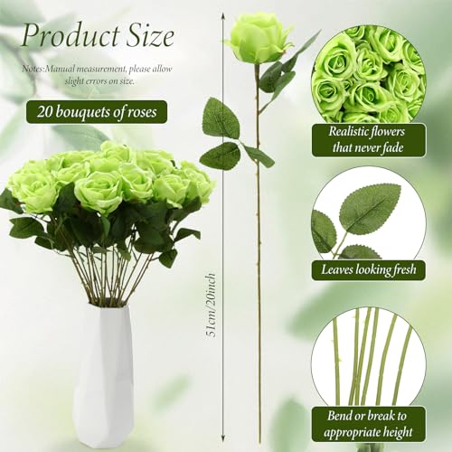 Hotop 20 Pcs Artificial Rose Flowers with Long Stem,Real Lifelike Silk Realistic Plastic Bouquet Roses Bulk for Home Decor Bridal Wedding Party Table Centerpieces Decorations(Green) - color: Green