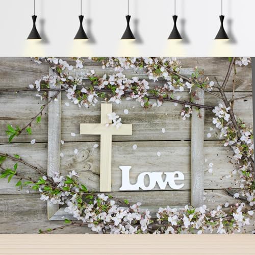 Rustic Wooden Board Cross Backdrop Word Love Spring Branches Blossoms Flower Petals Photography Backdrop Jesus Christian Church Event Party Background Decors Easter Festival Photo Props 6x4ft - color: Grey, size: 6x4ft