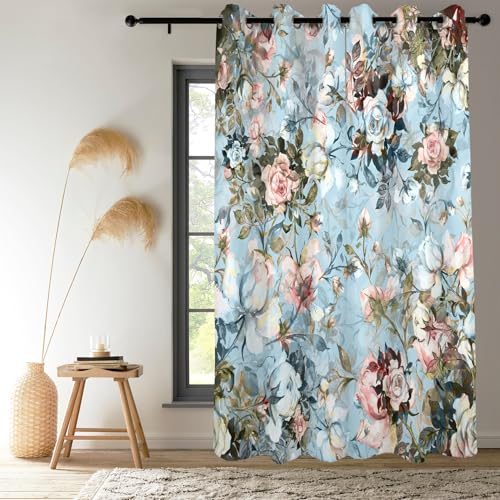 Renaiss Blue Rose Floral Blackout Curtains, Light Blue Watercolor Flowers Blossom Bedroom Window Curtains, Vintage Grommet Curtains for Kitchen 29W x 45L 2 Panels Set - color: Retro Blue, size: 29"W x 45"L (Pack of 2)
