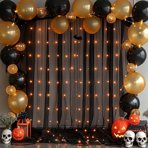 10ft x 8ft Black Backdrop Curtain with Lights String for Parties, Sheer Tulle Wedding Photo Backdrops Drapes for Baby Shower Birthday Party Decorations Background for Photography - color: Black, size: W5' x H8'(2 panels)