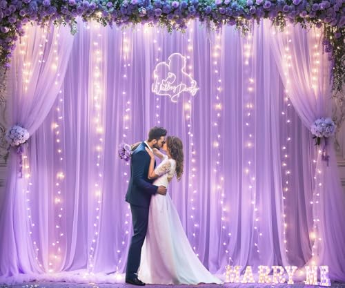 Lavender Tulle Backdrop Curtain with Led Lights for Wedding Baby Shower Girls 10ft X 8ft Lilac Lavender Sheer Backdrop Curtain for Birthday Party Bridal Shower Photoshoot Background Decorations - color: Lavender, size: 10 ft X 8 ft(2 Panels 5ft X 8ft)