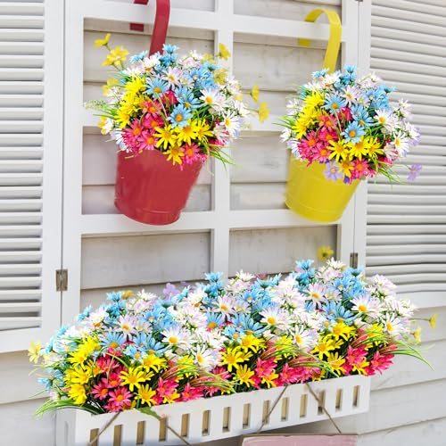 4 Bundles Artificial Large Daisy Fake Plants Flowers Faux Silk Wildflowers Bouquet Outdoor UV Resistant for Home Decor Indoor Outside Garden Front Porch Planters Decoration (Multi Color) - color: Multi Color