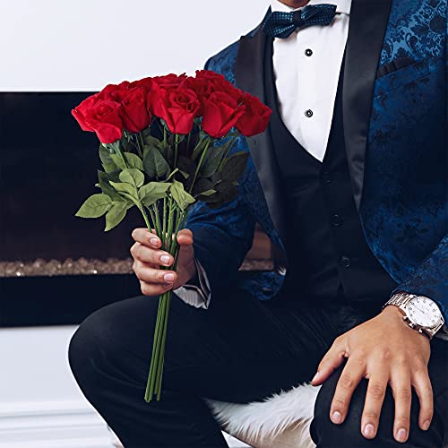 Grand Verde Roses Artificial Flowers Bulk 22” Long Stems, Latex Full Blossom Faux Flower Heads Real-Touch Bouquet Luxury Indoor Home Decor, 12pcs (Red) - color: Red