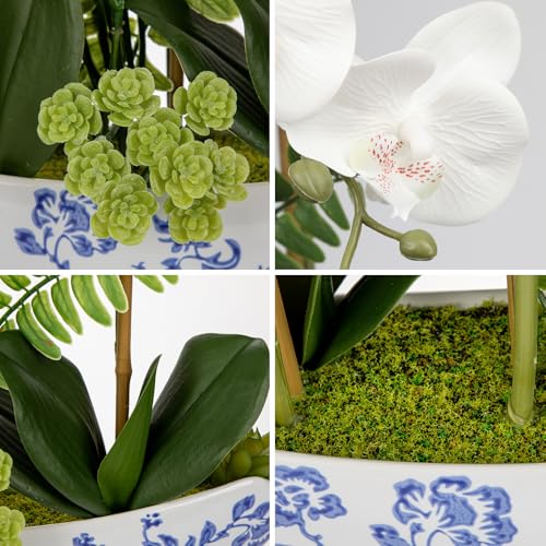 Briful Orchid Artificial Flowers 18in White Fake Orchid Silk Flowers with Blue and White Ceramic Vase Faux Orchid Arrangement for Home Office Room Coffee Table Centerpiece Modern Decor - color: White-floral Pattern Vase