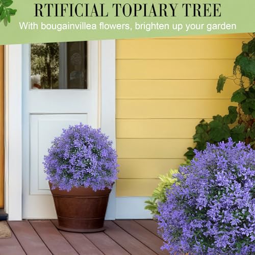 Yunlly Artificial Lavender Topiary Ball Trees, 6 Set of 20'' Faux Bushes for Front Porch Decor, UV Resistant Fake Evergreen Shrubs Plants with Ground Spike, Faux Plants for Outdoor Indoor Garden - color: Green, Purple