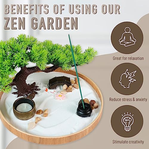 Timani Japanese Zen Garden for Desk - Zen Garden Sand Kit, Artificial Bonsai Tree, Rakes & Accessories - Japanese Decor Office Home Desktop Relaxation Sandbox Decor. 9.5" Inches Wooden Round Tray