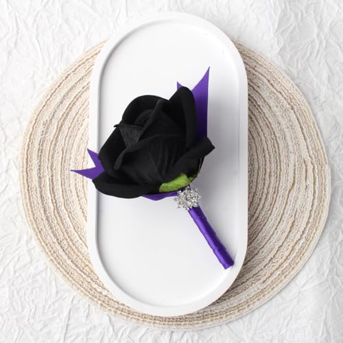 Black Rose Wrist Corsage and Boutonniere Set Rose Corsage Wristlet for Wedding Prom Party Homecoming Decoration Set of 2 (Purple and Black) - color: Purple and Black
