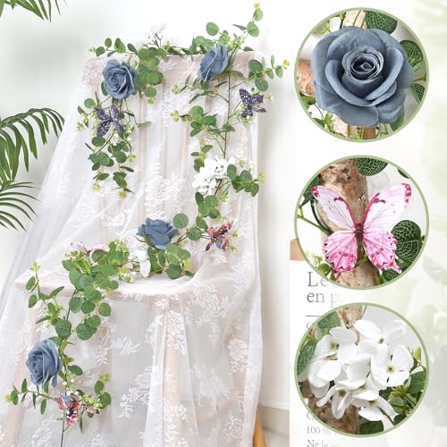 TOCHGREEN 2 Pack 5.9 Ft Artificial Fake Flower Vine White Rose Hydrangea Vines with 3D Butterfly Hanging Floral Greenery Eucalyptus Vines for Wedding Table Party Background Decor (Blue White, 2PCS) - color: Blue White