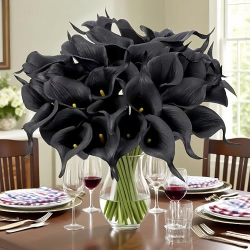 Realistic Calla Lily Artificial Flowers - 13.5" Latex Real Touch Faux Lilies for Wedding Bouquets, UV Resistant Outdoor Decor & Home Centerpieces (6, Black) - color: Black