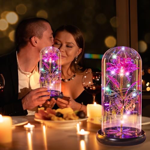 Mothers Day Flowers Gifts for Mom Women Birthday Gift, Galaxy Glass Rose Forever Eternal Crystal Flowers Rose in Glass Dome with Butterfly Mother's Day Roses Gifts for Mom Daughter Wife Grandma Pink - color: D Pink