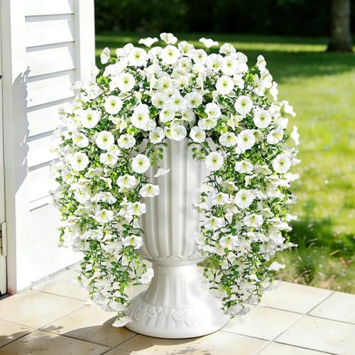 Artificial Hanging Flowers for Outdoors, 2PCS 300 Blooms UV Resistant Morning Glory Vine Fake Flowers with Eucalyptus, Realistic Silk Faux Hanging Plants Spring Summer Decor for Porch Garden(White) - color: White, size: 2PCS