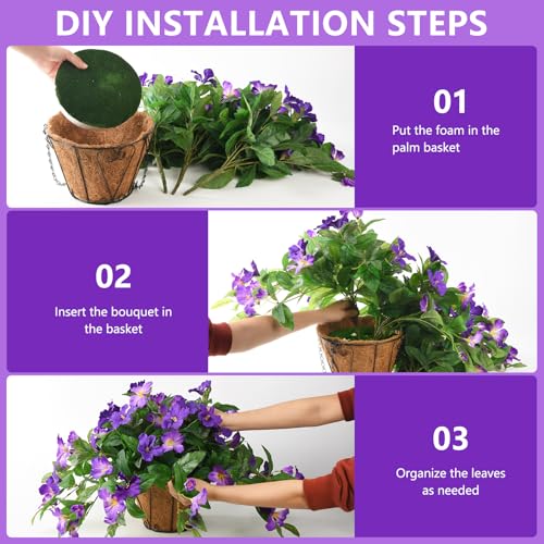 Homsunny Artficial Fake Hanging Flowers Plants with Baskets, 3PCS Silk Faux Outdoor Flowers UV Resistant Real Touch Plastic Flowers for Spring Garden and Home Patio Yard Decor (Double Purple) - color: Deep Purple+ Light Purple With Basket