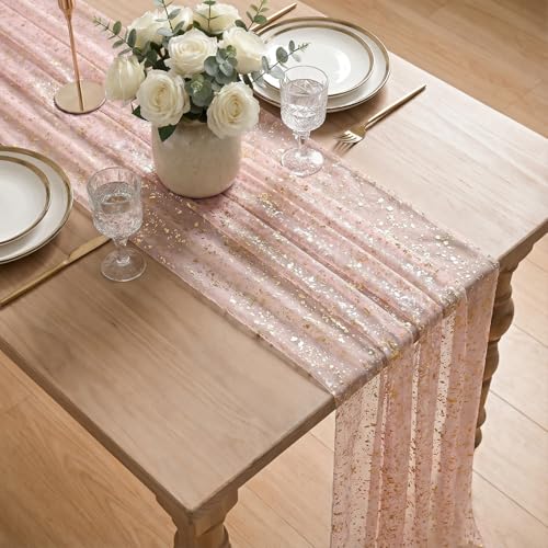 Artoid Mode Gold Gauze Pink Table Runner 120 Inch 10FT, Glitter Metallic Foil Sheer Dining Wedding Anniversary Holiday Birthday Table Decor for Home Party - color: Pink Gold, size: 28" x 120"