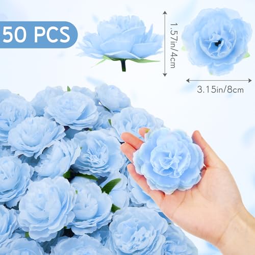 Thiccywoov 50 Pcs Artificial Flowers, 3.2 Inches Silk Rose Head Flowers Fake No Stem for Wedding Bridal Bouquet Home Floral Decor DIY Centerpieces Arrangements Party Tables Decoration(Sky Blue) - color: Light Blue