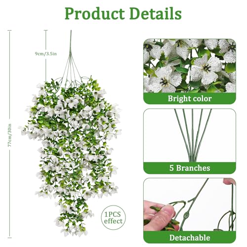 Betylifoy Artificial Hanging Flowers for Outdoors Summer Decor 2PCS Fake Hanging Plants UV Resistant Faux Silk Violet Flowers White Greenery Trailing Vines for Indoor Outside Garden Porch Decor - color: White