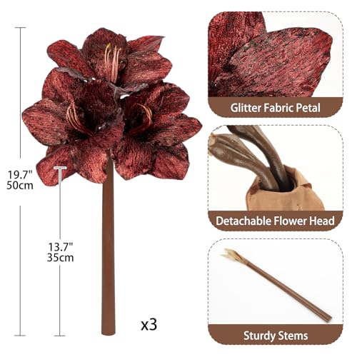 Briful Amaryllis Artificial Christmas Flower Stems, 19.7" Burgundy Glitter Faux Amaryllis with Detachable Heads for Xmas Home Party Wedding Bouquet Vase Arrangement Decor - color: Burgundy